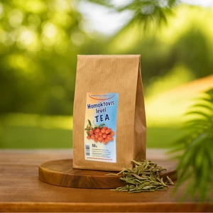 50g levél herba homoktövis tea mellette teafűvel egy fehér háttérben.