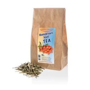 50g levél herba homoktövis tea mellette teafűvel egy fehér háttérben.