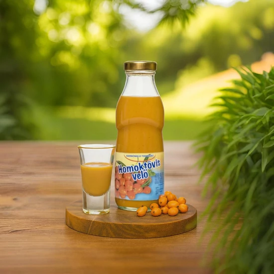 500 ml bio homoktövis velő egy fa körlapon a szabadban.