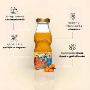 200ml homoktövis velő egy fa körlapon a szabadban, mellette egy pohárral.