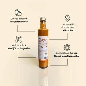 500ml bio homoktövis velő egy fa körlapon a szabadban.