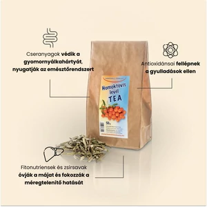 50g levél herba homoktövis tea egy fa körlapon a szabadban.