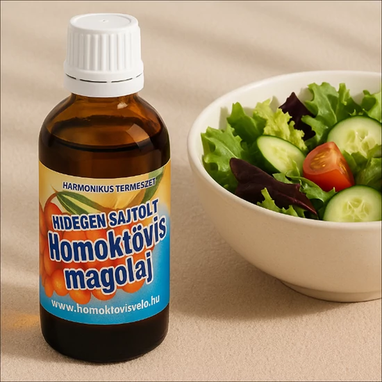 Homoktövis magolaj és mellette egy saláta, amin magolaj van.