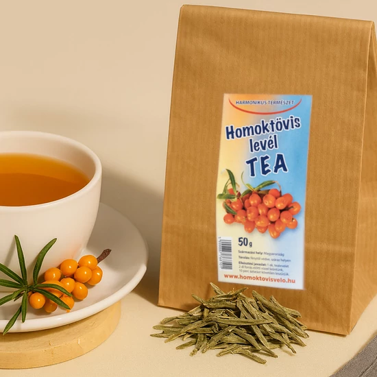 Homoktövis teás zacskó, és mellette egy elkészült homoktövises tea.